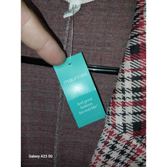 Maurices Women's Buttonless Blazer Jacket XXL NWT Plaid 3/4 Sleeves Beige Red - Picture 5 of 8